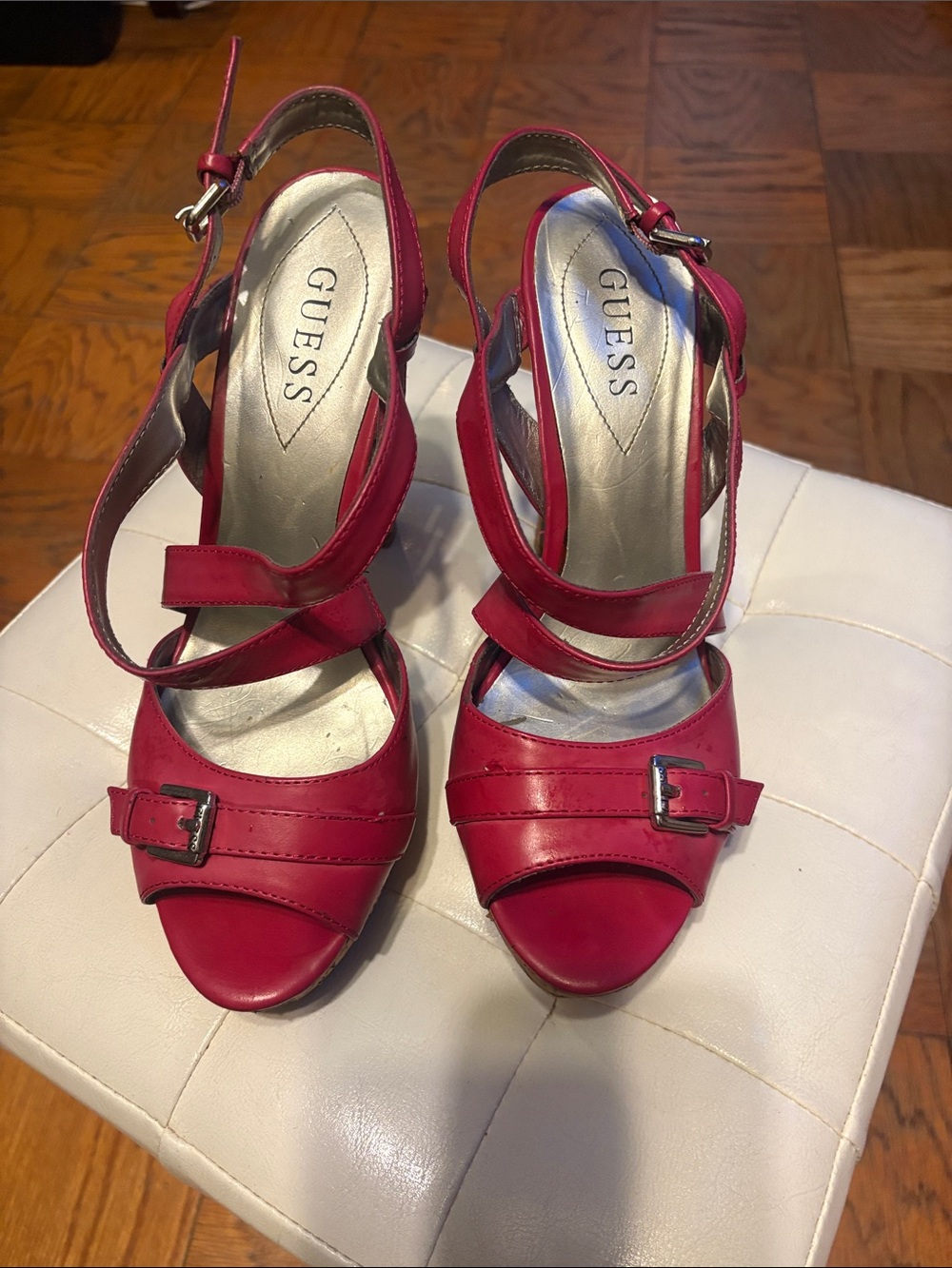 GUESS Red Strappy Buckle Heeled Sandals